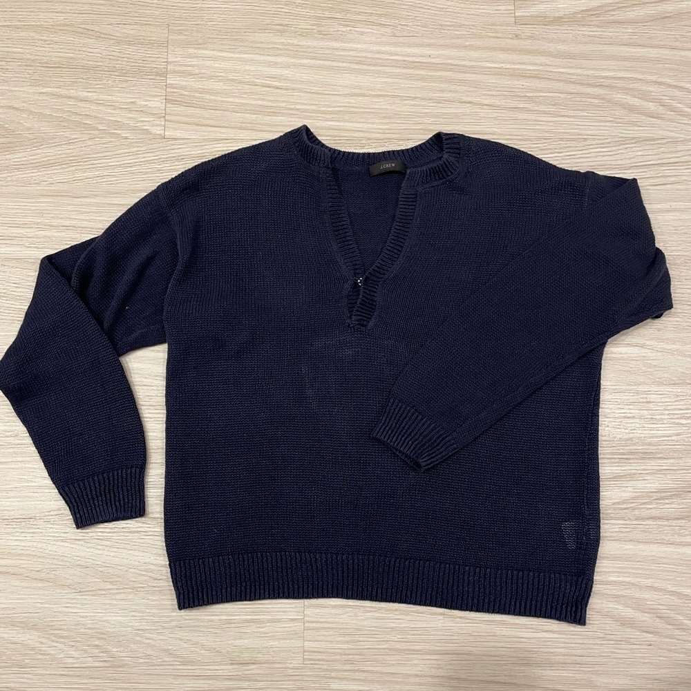J Crew Navy Pullover Linen Sweater with Buttoned V-Neck